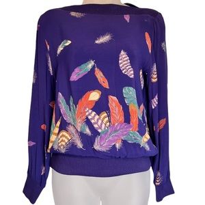 Vintage 70s Bonwit Teller Purple Top w/ Feathers Long Sleeve Union Label